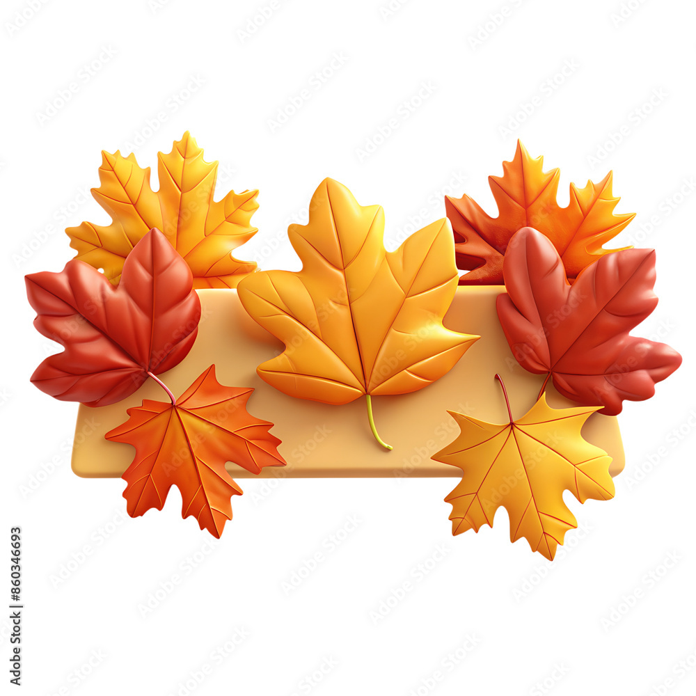 Fototapeta premium Vibrant autumn leaves in varying shades of orange and yellow, beautifully arranged around a beige banner.