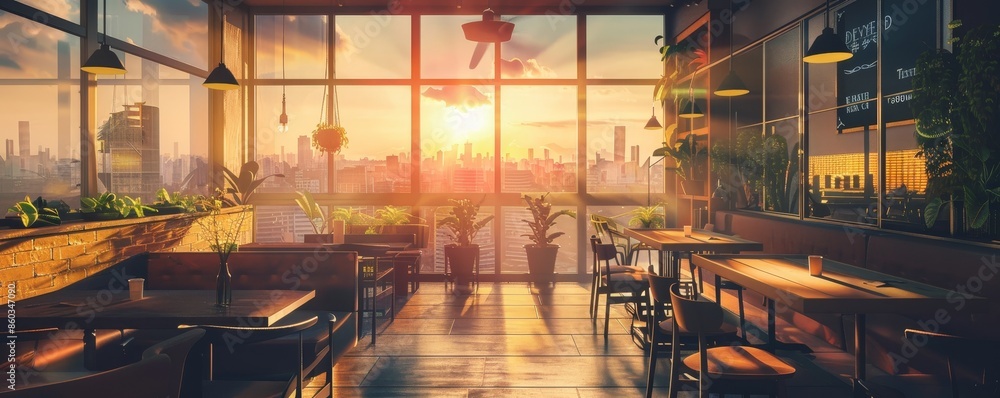 Fototapeta premium Cozy coffee shop interior exuding warmth with a stunning urban sunset vista through its windows.