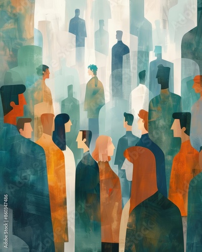 Peaceful people working together, illustration, soft colors, kinetic, harmonious