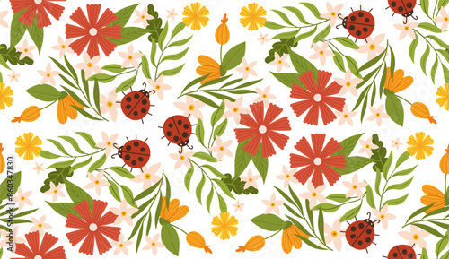 Spring pattern with ladybug, leaves, and flowers in a cute, hand-drawn vector style. Perfect for textiles, packaging, and decorative design