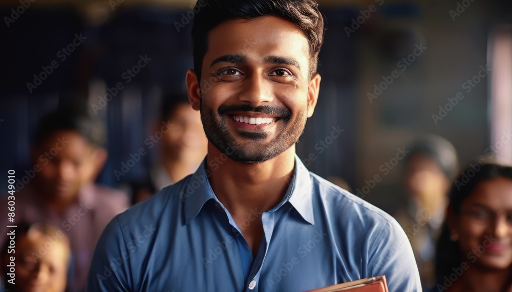 Teacher's Day in India. A smiling Hindu teacher in a classroom. male teacher in the background of the classroom Teacher's Day in India. A smiling Hindu teacher in a classroom. male teacher in the background of the classroom