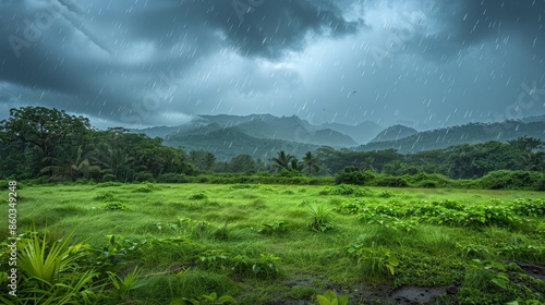 Atmospheric Indian monsoon season: raindrops, lush vegetation, and cloudy skies in the countryside. photo