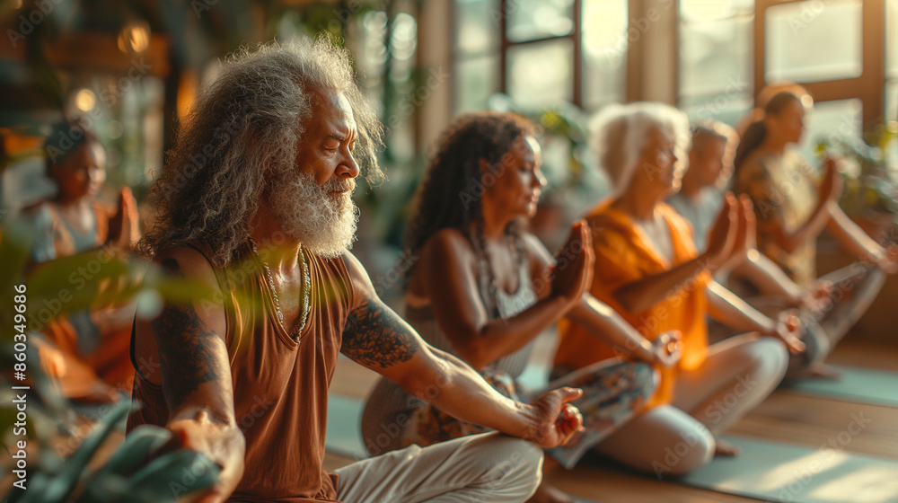A telephoto angle capture of LGBTQ+ elders leading a yoga class in a sunlit community center, demonstrating strength and flexibility, environmental scientists, engineers, activists A telephoto angle capture of LGBTQ+ elders leading a yoga class in a sunlit community center, demonstrating strength and flexibility, environmental scientists, engineers, activists