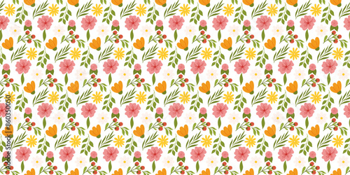 Seamless pattern with floral elements.Botanical inspired repeated fabric or wallpaper design with yellow and orange flower, red berries, leaves, cherry blossom.