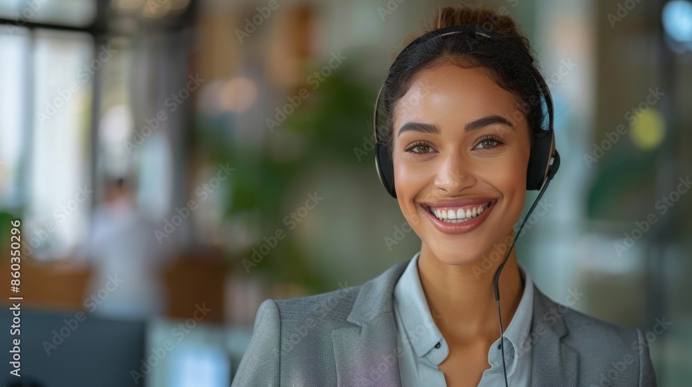 A smiling, confident businesswoman wears a headset, exuding professionalism. A smiling, confident businesswoman wears a headset, exuding professionalism.