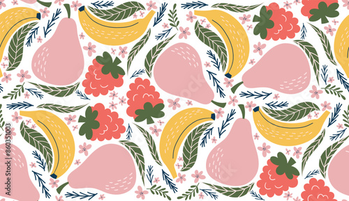 Playful seamless pattern featuring illustrations of raspberries, bananas, pink pears, pink flowers, and green leaves, arranged in a kaleidoscope-like design. 