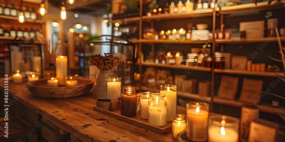 A Cozy Candle Shop with Rustic Wooden Shelves and Warm Lighting Ambiance. Concept Candle Making, Rustic Decor, Warm Lighting, Cozy Atmosphere, Creative Craftsmanship A Cozy Candle Shop with Rustic Wooden Shelves and Warm Lighting Ambiance. Concept Candle Making, Rustic Decor, Warm Lighting, Cozy Atmosphere, Creative Craftsmanship