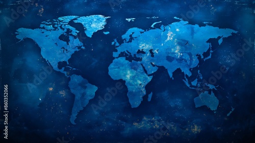 Fototapeta Naklejka Na Ścianę i Meble -  A blue world map on a dark background.