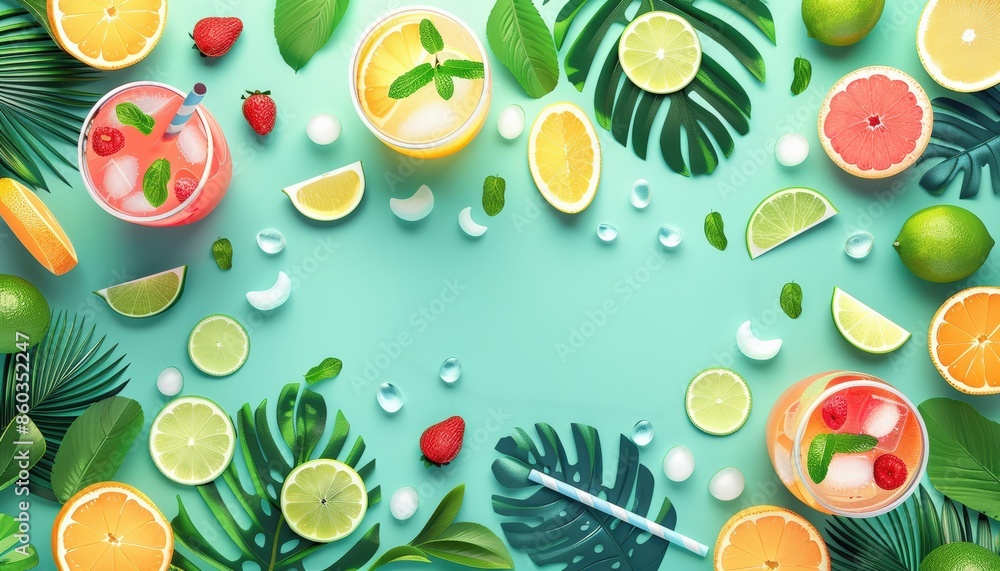 Refreshing tropical summer drinks and fruits with green leaves on a turquoise background. Lemon, lime, grapefruit, and strawberry cocktails. Refreshing tropical summer drinks and fruits with green leaves on a turquoise background. Lemon, lime, grapefruit, and strawberry cocktails.