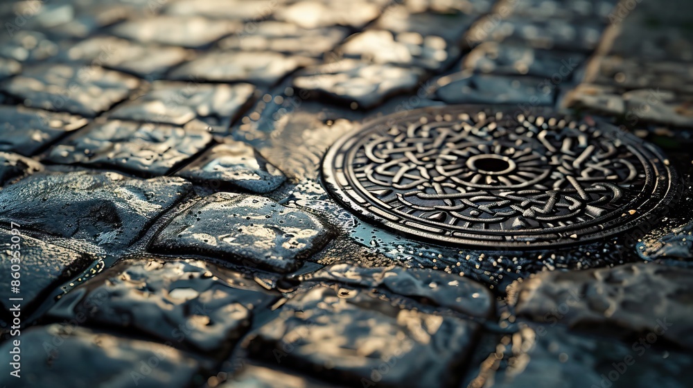 Wet Cobblestone Street with Ornate Manhole Cover at Sunset after Rain