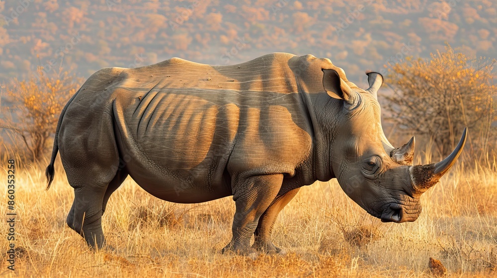 Fototapeta premium Majestic Rhinoceros Grazing in African Savanna at Golden Hour