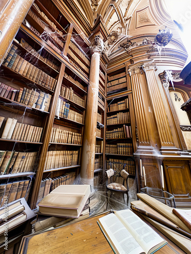 Dusty Abandoned Library with Tall Bookshelves