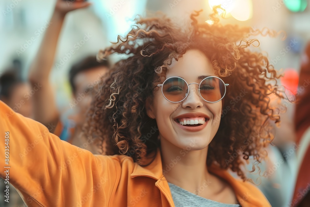 Energetic Woman with Curly Hair Laughing and Enjoying Music in Urban Street Setting