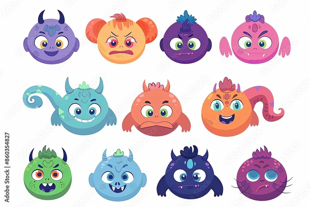 Colorful Cartoon Round Monster Faces on White Background Colorful Cartoon Round Monster Faces on White Background