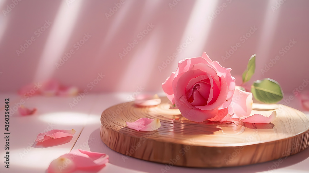 Wooden podium with pink rose and petals to demonstrate products cosmetics and gifts Valentine mother day and women day concept : Generative AI Wooden podium with pink rose and petals to demonstrate products cosmetics and gifts Valentine mother day and women day concept : Generative AI