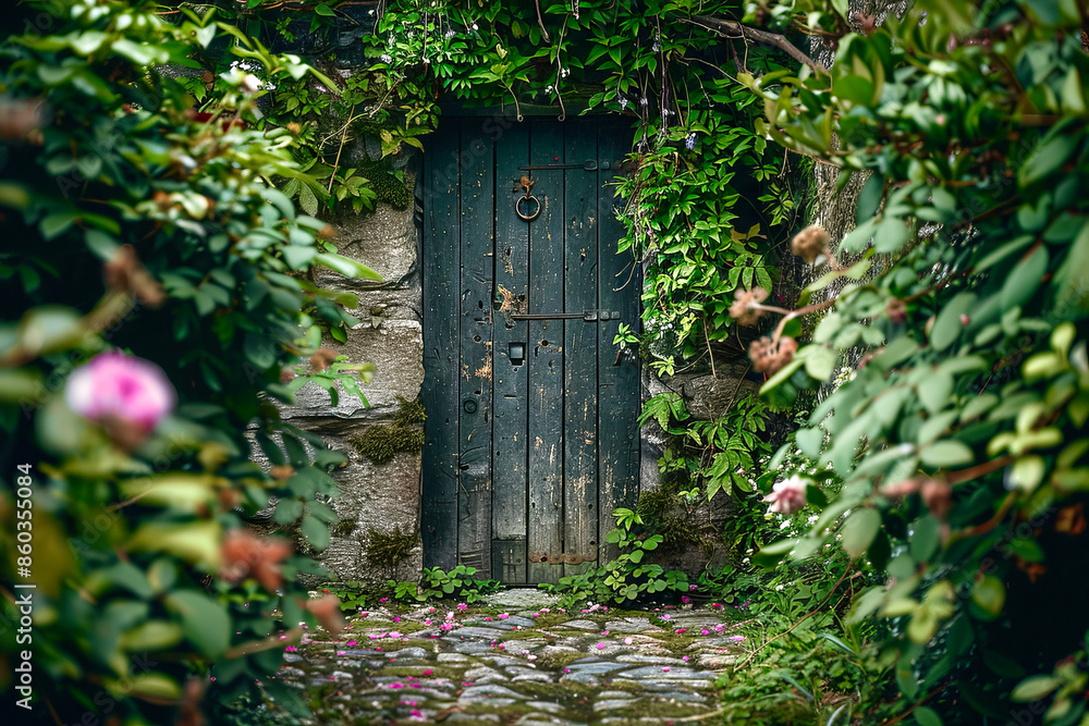 A mysterious wooden door hidden within an overgrown garden, surrounded by lush greenery and flowers. A mysterious wooden door hidden within an overgrown garden, surrounded by lush greenery and flowers.