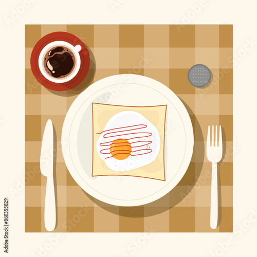 breakfast on the plate with sandwich and egg fried ketchup vector 