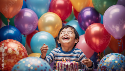 Bambino sorridente festeggia il compleanno circondato da palloncini colorati photo