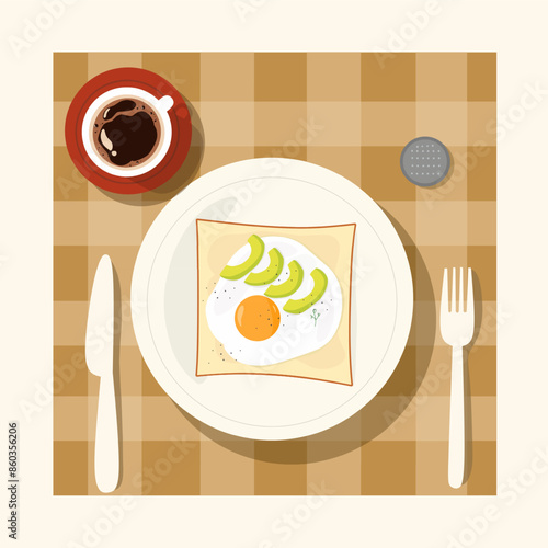 breakfast on the plate with sandwich, egg and avocado on the top vector 