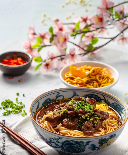 A bowl of beef noodle soup with chopsticks.