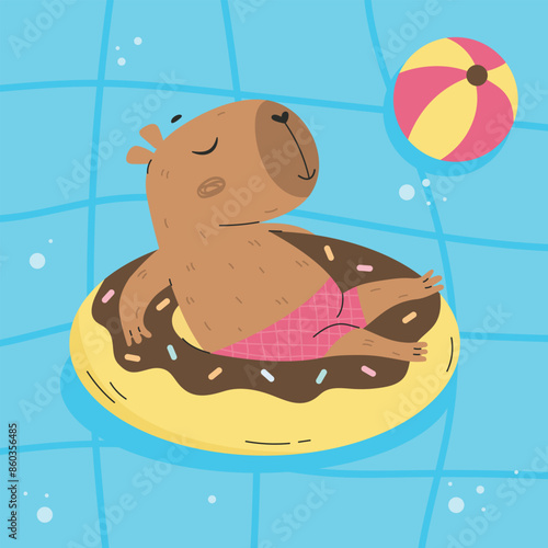 Blue swimming pool with capybara sunbathing banner