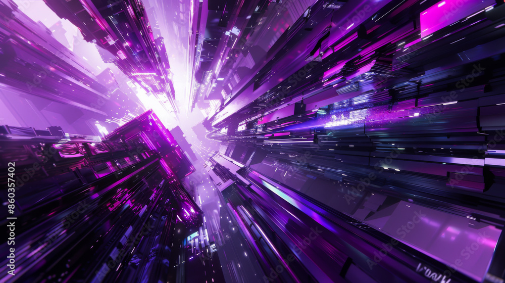 Obraz premium A purple and white image of a cityscape with a purple sky. The scene is futuristic and mysterious. Copy space and abstract background.