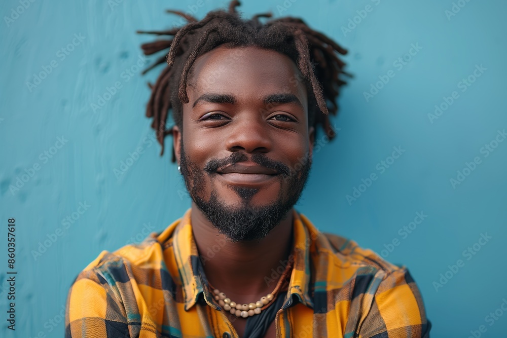 Obraz premium Ethnic man with braided hair on blue background