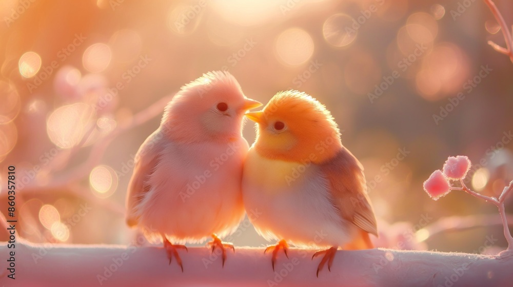 Two birds on a branch with vibrant bokeh background. Love concept. Two birds on a branch with vibrant bokeh background. Love concept.