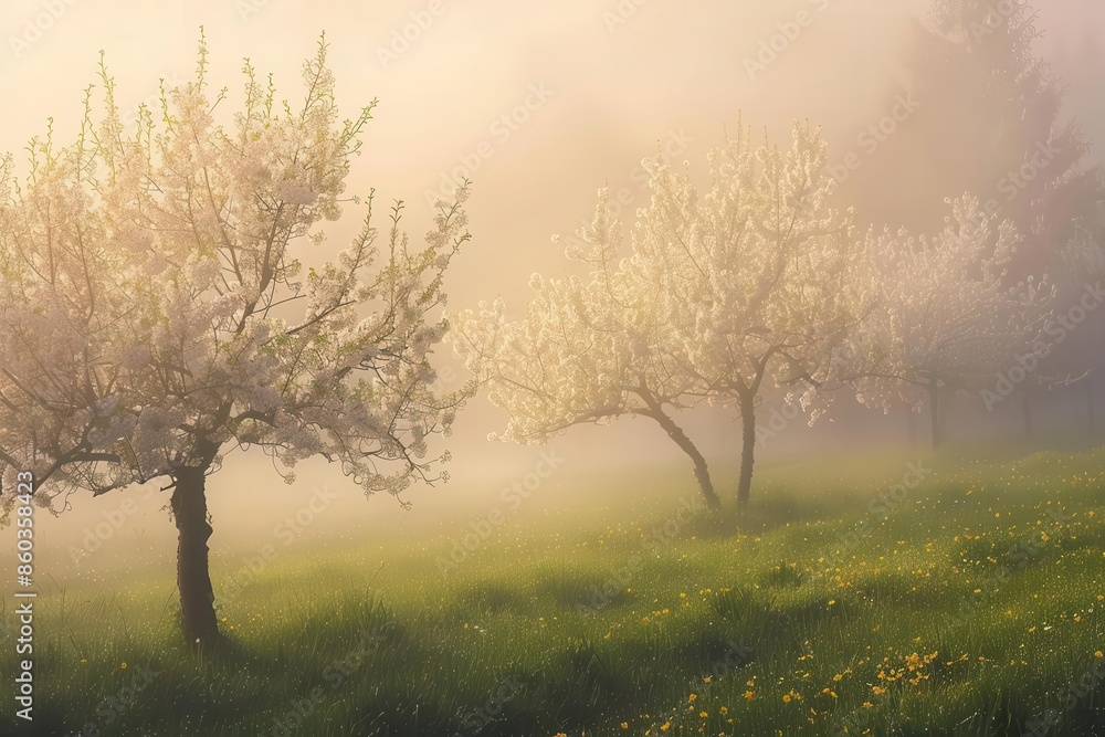 spring orchard splendor blooming fruit trees bathed in sunlight and delicate fog landscape photography spring orchard splendor blooming fruit trees bathed in sunlight and delicate fog landscape photography