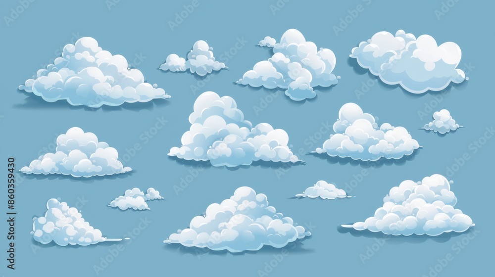 A group of stylized cartoon clouds depicted on a soothing blue background, perfect for various designs A group of stylized cartoon clouds depicted on a soothing blue background, perfect for various designs