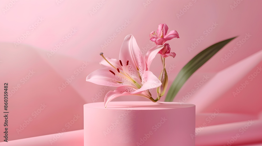 Obraz premium Podium with pink lily round cylinder scene with flowers on pink background display for cosmetics perfume and product presentation : Generative AI