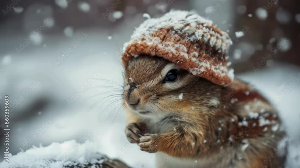 A squirrel wearing a hat in snowy environment, perfect for winter or holiday themed projects. A squirrel wearing a hat in snowy environment, perfect for winter or holiday themed projects.