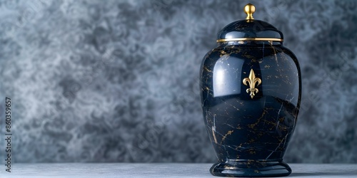 Black marble urn adorned with gold fleur-de-lis. Concept Luxury Home Decor, Elegant Accessories, Classic French Style, Ornate Decor, Interior Design photo