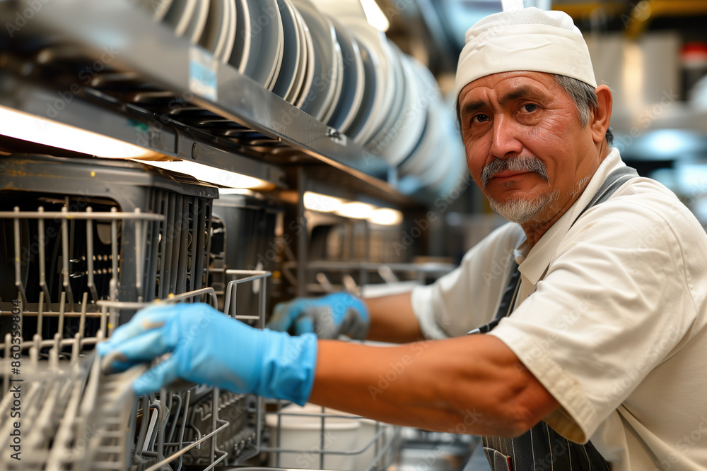 A man is washing dishes in a restaurant A man is washing dishes in a restaurant
