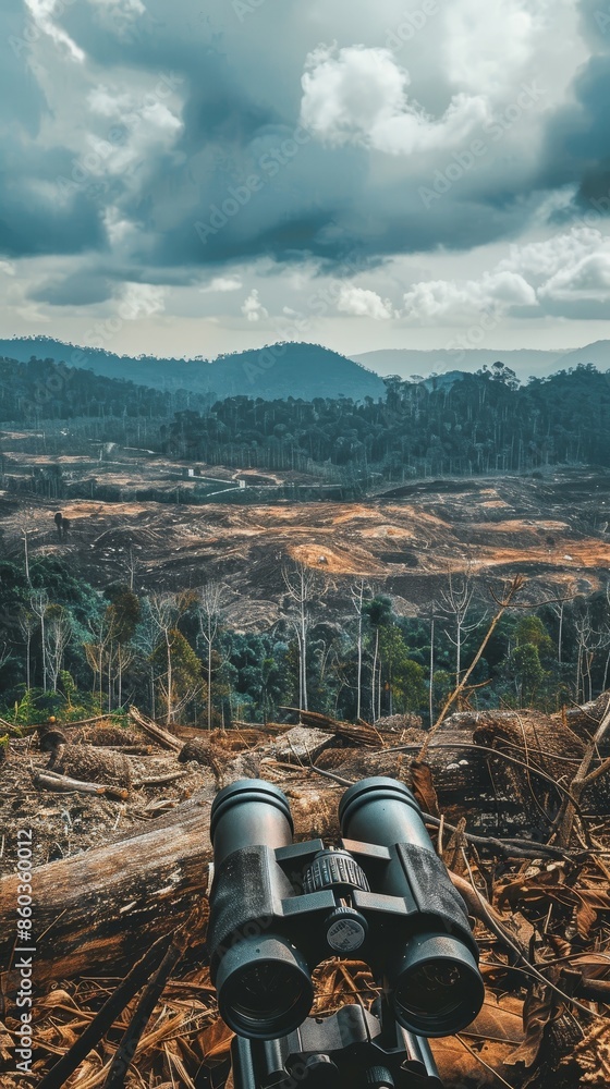 Binoculars focused on deforested area with clouds overhead, representing environmental impact, destruction, nature, observation, wilderness.