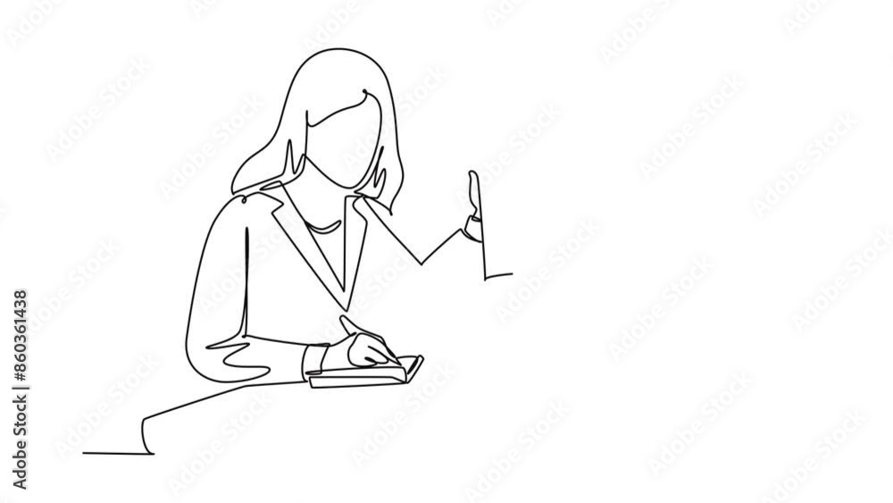 Animated self drawing of continuous line draw of young woman employee asking her friends using cellphone about company financial report at office. Annual report concept. Full length one line animation Animated self drawing of continuous line draw of young woman employee asking her friends using cellphone about company financial report at office. Annual report concept. Full length one line animation