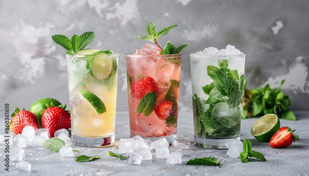 Summer Refreshment: Fresh Cocktail Set on Gray Background Generative AI Summer Refreshment: Fresh Cocktail Set on Gray Background Generative AI