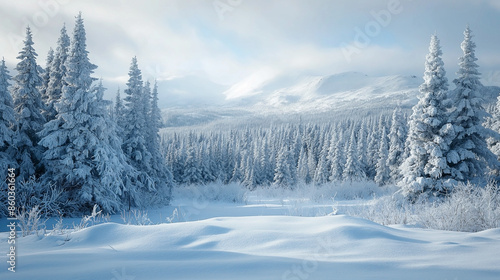 a forest covered in snow with snow covered lots of trees. Beautiful winter forest and winter cover