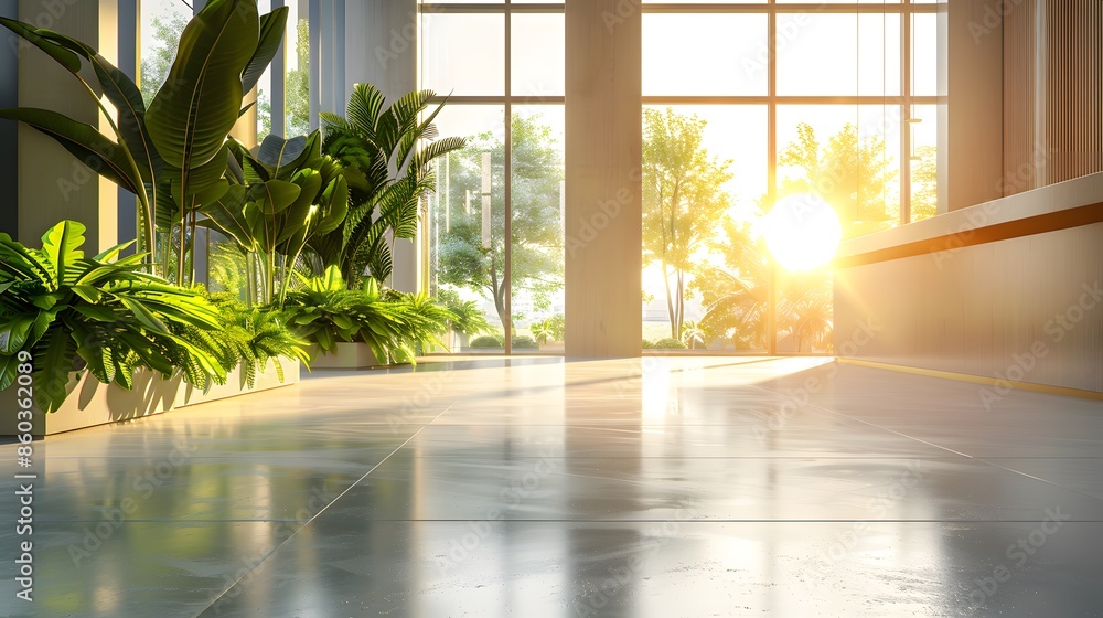 Fototapeta premium A modern office building interior with large windows, showcasing clean concrete floors and plants in the foreground.