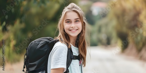 Happy Caucasian girl with backpack outside ready for school or hiking. Concept School Backpack, Outdoor Adventure, Happy Girl portrait, Caucasian Model, Back to School