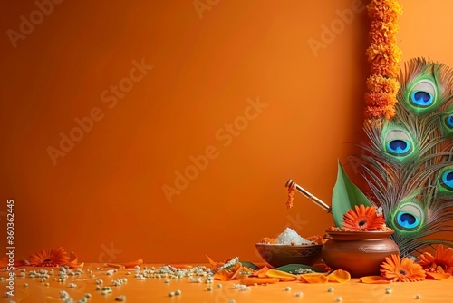 Happy Krishna Janmashtami concept. Pot with milk, bansuri and peacock feathers on a orange background. Traditional holiday greeting card