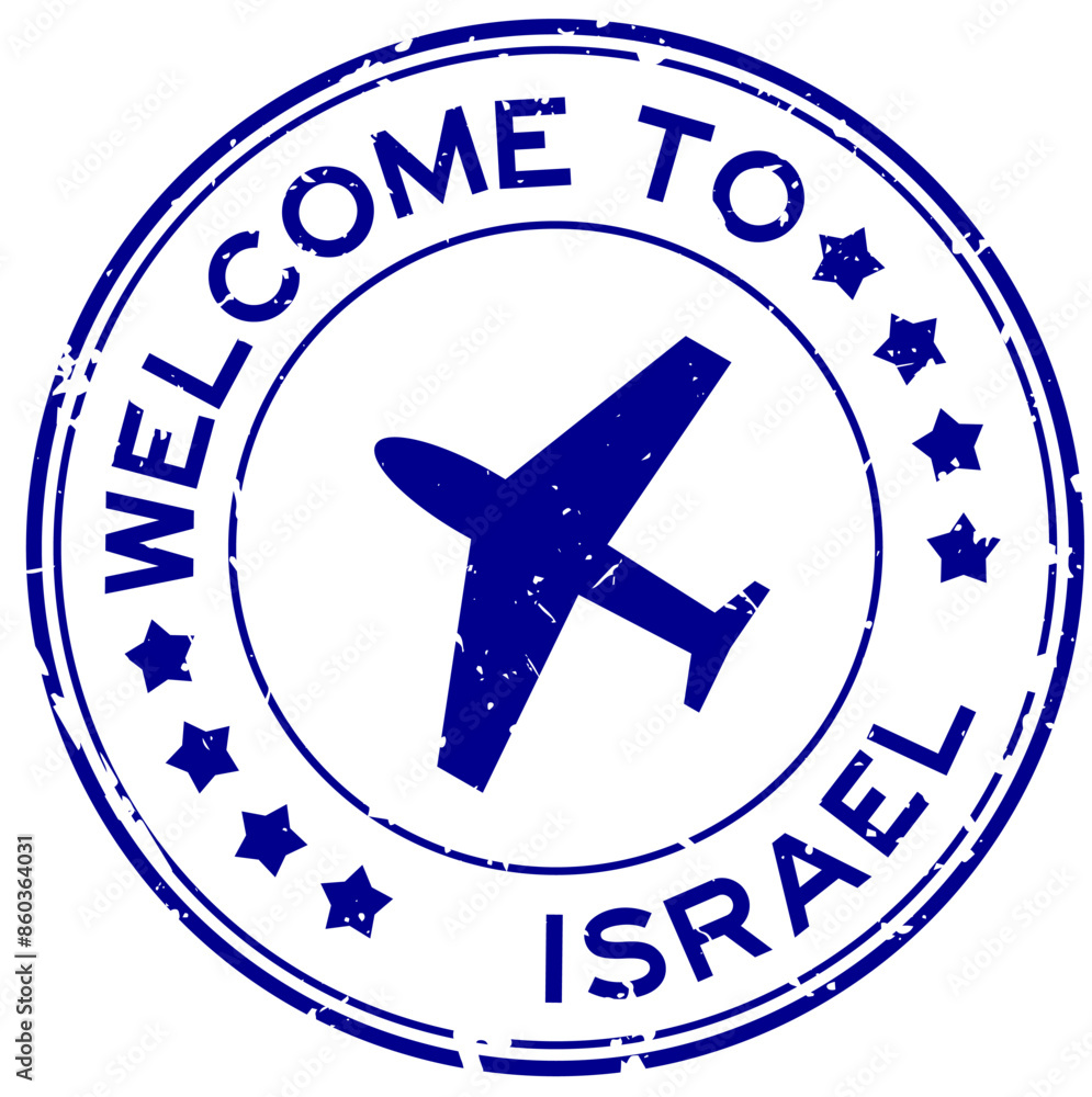 Grunge blue welcome to israel with airplane icon round rubber seal stamp on white background Grunge blue welcome to israel with airplane icon round rubber seal stamp on white background