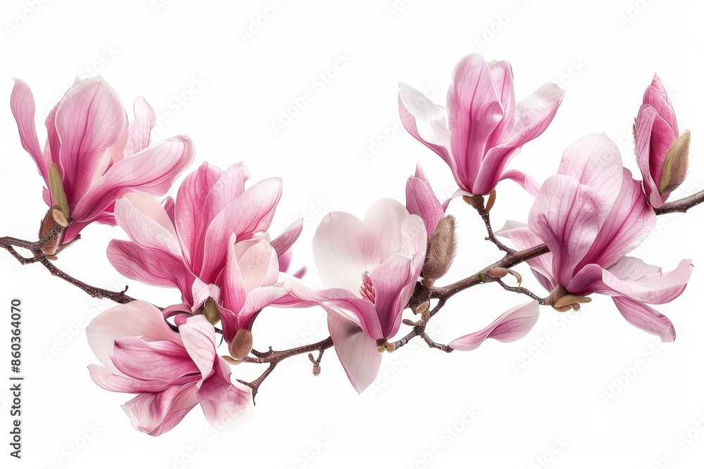 Obraz premium Delicate Pink Magnolia Flower Branch in Full Bloom Against a Clean White Background for a Fresh Spring Look 
