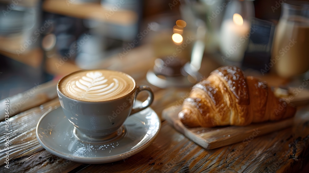 A perfectly poured latte with intricate latte art, paired with a warm, buttery pain au chocolat, positioned on a rustic wooden table in a cozy café ambiance. A perfectly poured latte with intricate latte art, paired with a warm, buttery pain au chocolat, positioned on a rustic wooden table in a cozy café ambiance.