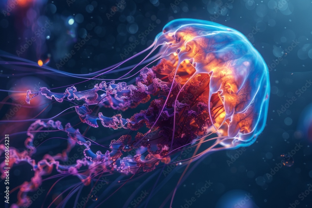 Jellyfish with bioluminescent tentacles drifting in a dark ocean, symbolizing the fluid and glowing nature of creativity. Jellyfish with bioluminescent tentacles drifting in a dark ocean, symbolizing the fluid and glowing nature of creativity.