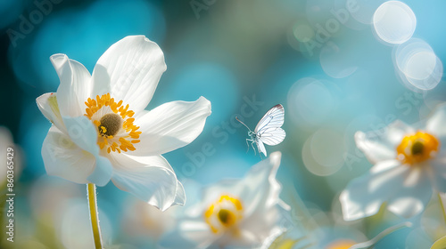 Detail with shallow focus of white anemone flower with yellow stamens and butterfly in nature macro on background of blue sky with beautiful bokeh Delicate artistic image of beauty of  : Generative AI
