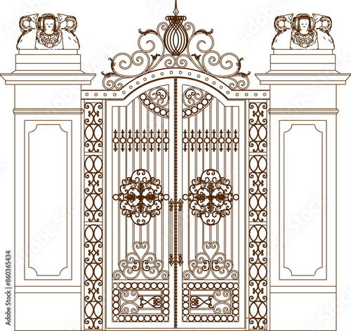 Vector silhouette illustration sketch of a detailed design of a classic vintage European style old iron fence gate 