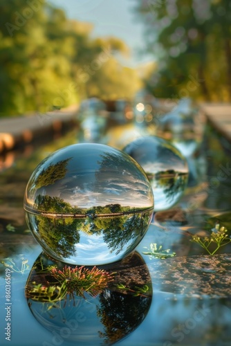 Transparent glass orbs floating above a reflective surface, each containing miniature landscapes, symbolizing the encapsulation of diverse ideas.