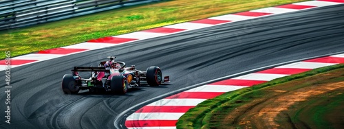 A race car formula 1 speeding around a corner on a track  photo