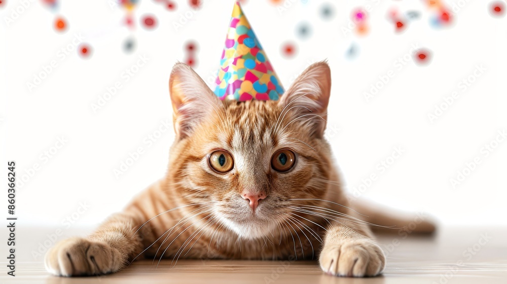 Red cat's birthday. Clipart on a white background. Cat in a festive cap Red cat's birthday. Clipart on a white background. Cat in a festive cap